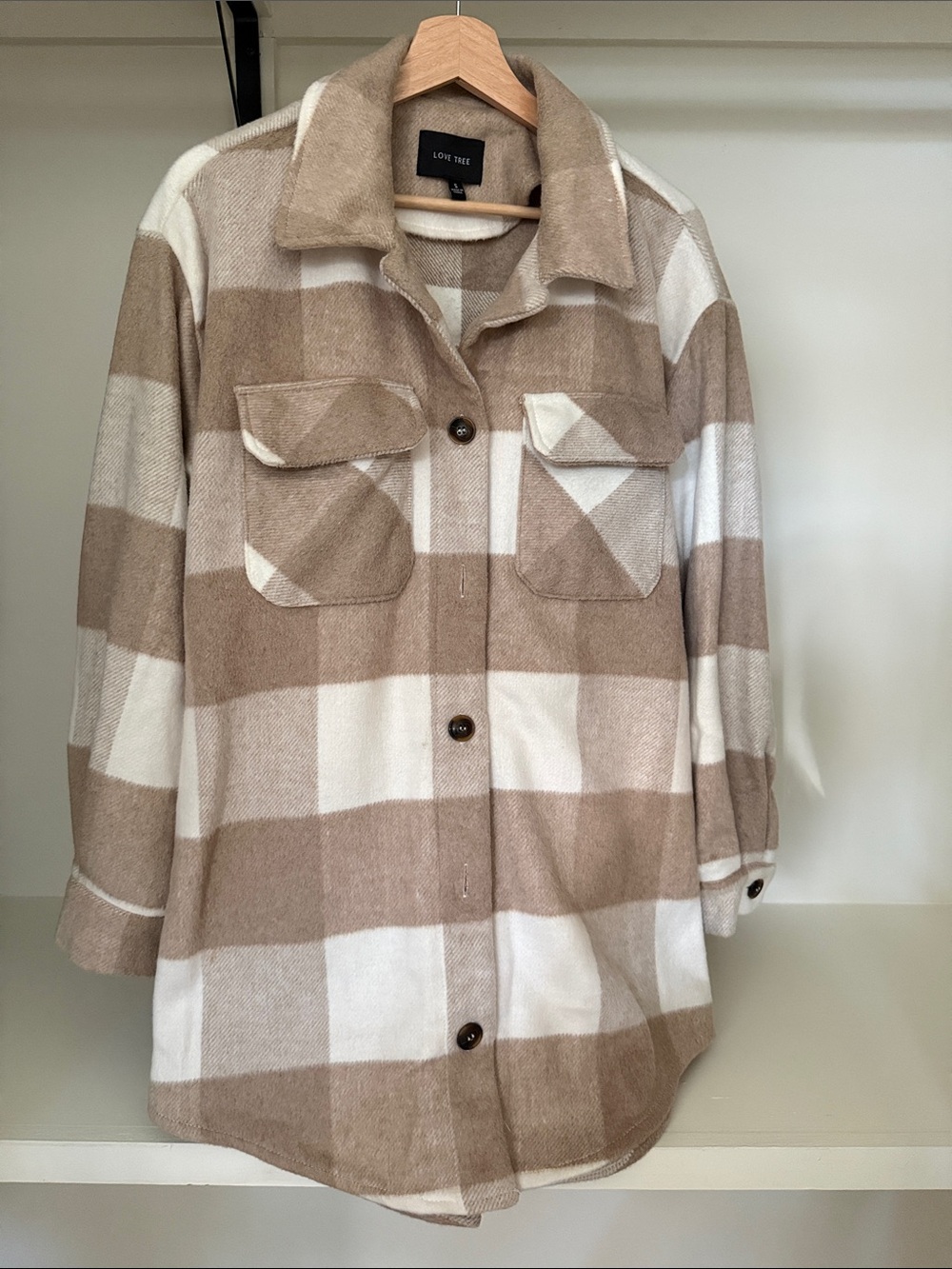 Love Tree Beige & Cream Plaid Utility Shacket
